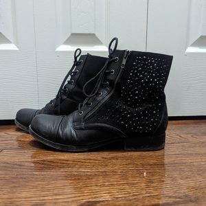 Black Sequin Lace up Boots